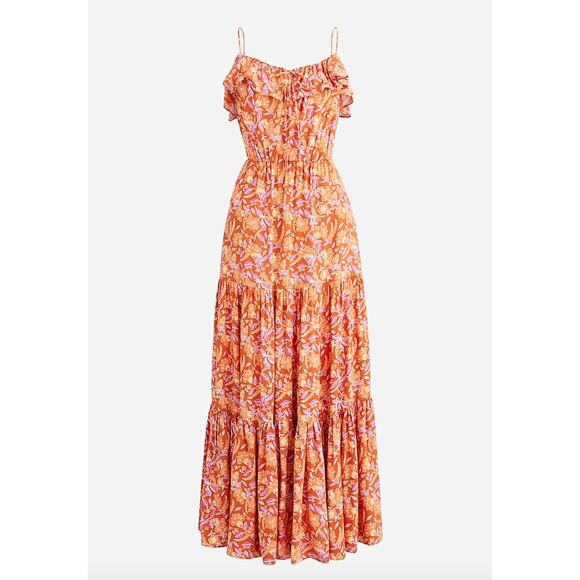 J. Crew L Tiered Maxi Dress Orange Floral Print Sleeveless Ruffle Wedding Guest - Picture 4 of 12